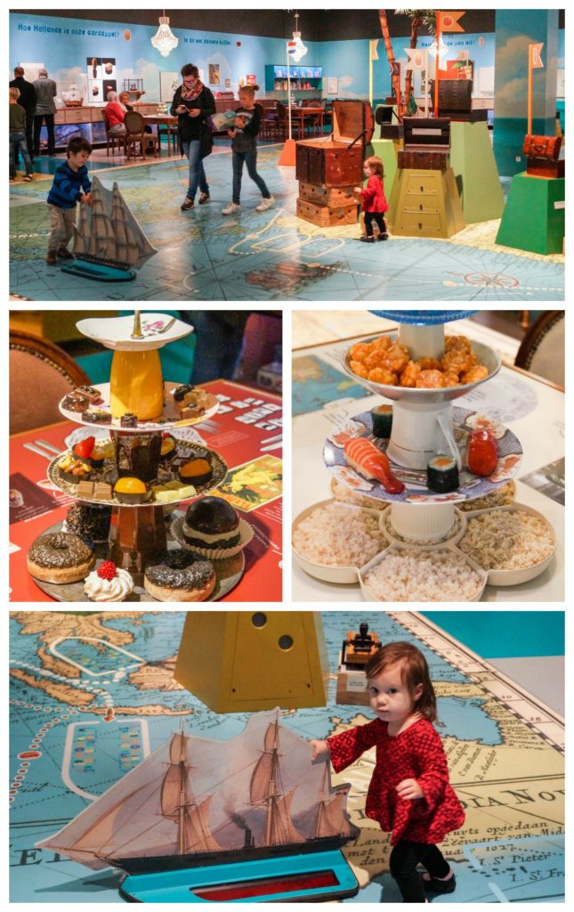 The World on your plate exhibit inside Maritiem Museum with boats to push on a world map and replicas of food