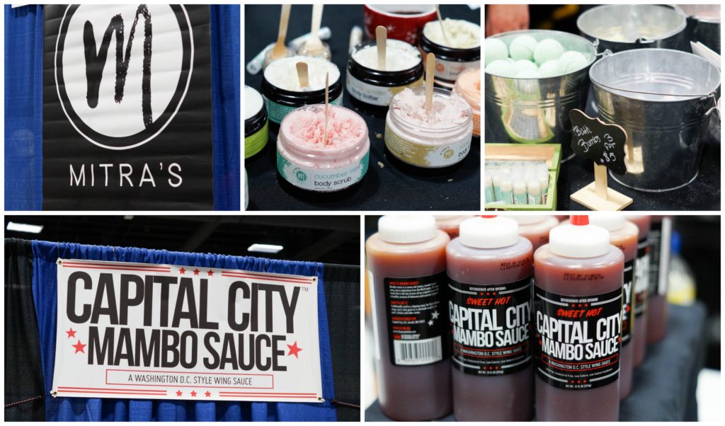 Mitra's and Capital City Mambo Sauce vendors at MetroCooking DC with bath scrubs and sauce on display.