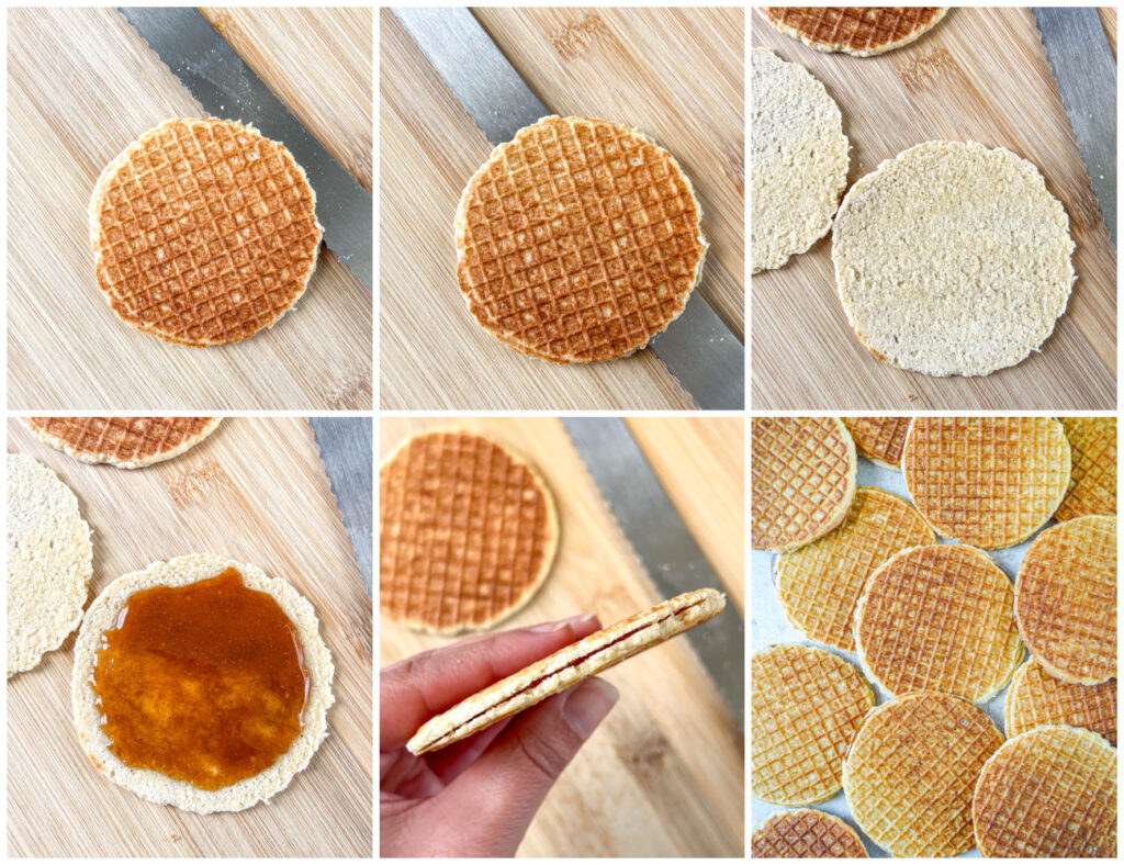Six photo collage of cutting waffle cookie in half lengthwise, the halves resting next to each other, one half covered in syrup, the halves pressed together, and a pile of Stroopwafels (Dutch Syrup-Filled Waffle Cookies).