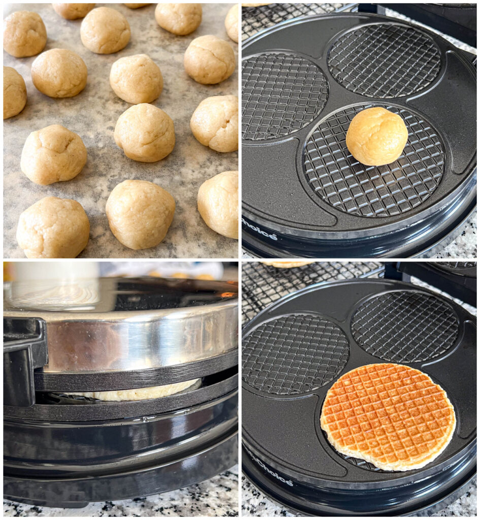 Four photo collage of rounds of dough, dough on waffle machine, pressed waffle machine, and golden waffle cookie.