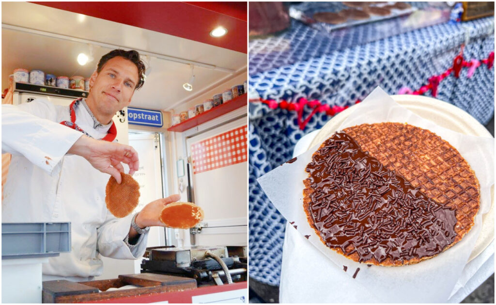 Two photo collage of man holding a stroopwafel in Amsterdam and a chocolate covered stroopwafel on a plate.
