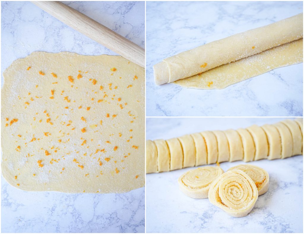 Three photo collage of rolling dough and slicing rolls of Tagliatelle Dolci di Carnevale.