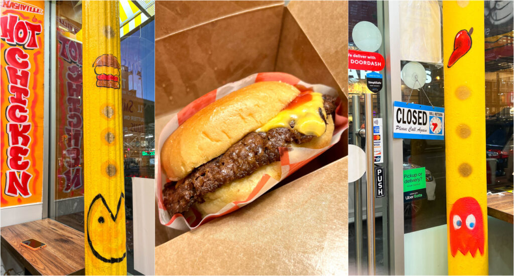 Three photo collage of cheese burger and pac man drawings with cheeseburger and pepper on yellow poles.
