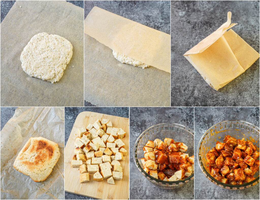 Seven photo collage of wrapping dough in parchment, baked bread on a sheet of parchment, bread cut into cubes, and cubes coated in caramel sauce.