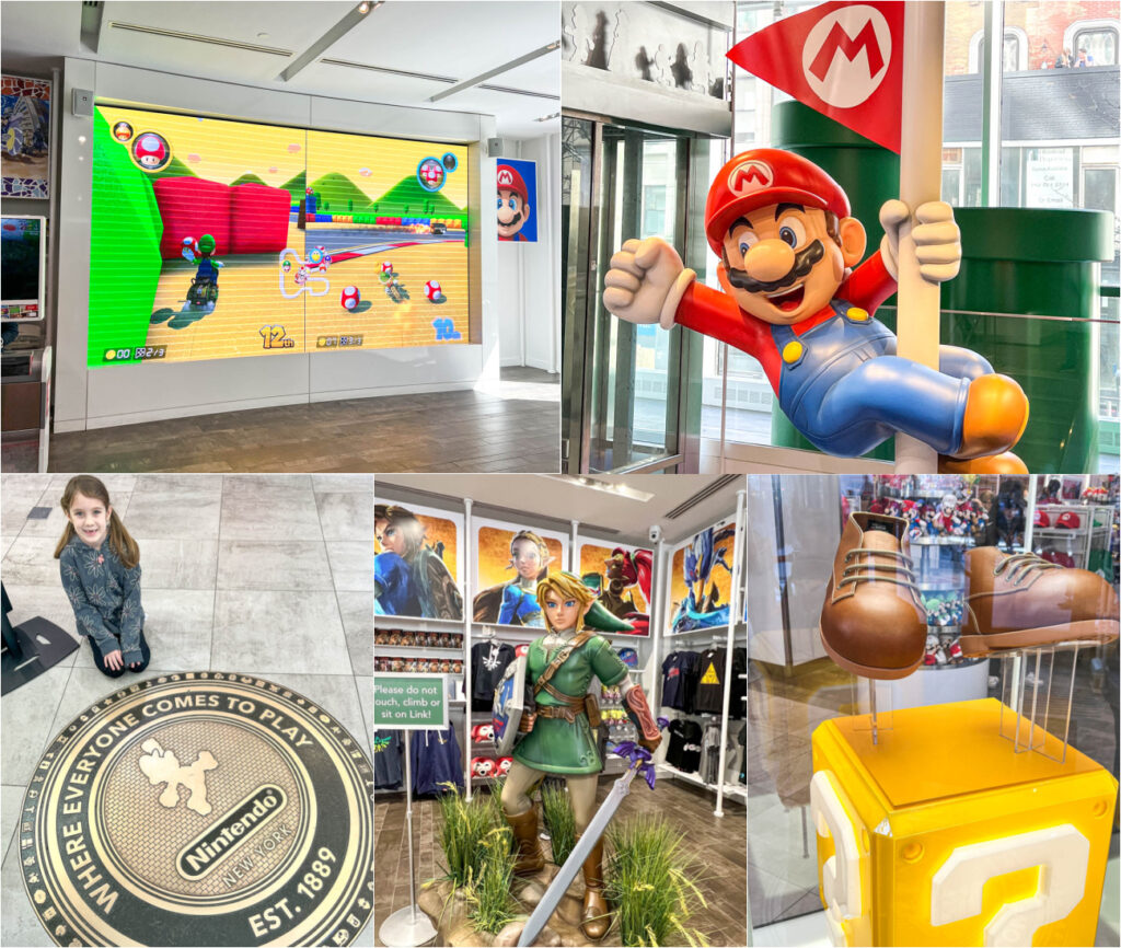 Five photo collage of Mario kart game, Mario statue on pole, girl in front of Nintendo sign on floor, link, and super Mario shoes at Nintendo NY store.