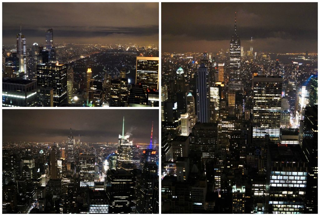 Three photo collage of New York City skyscrapers and Central Park at night.