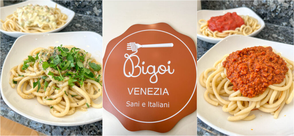 Three photo collage of four plates of pasta and a Bigoi Venezia: Sani e Italiani sign.