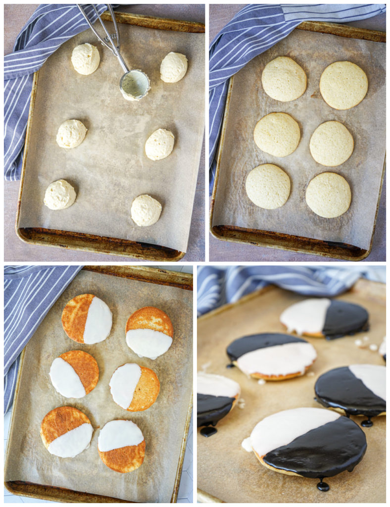 Scooping the dough, baking, and glazing Black and White Cookies.