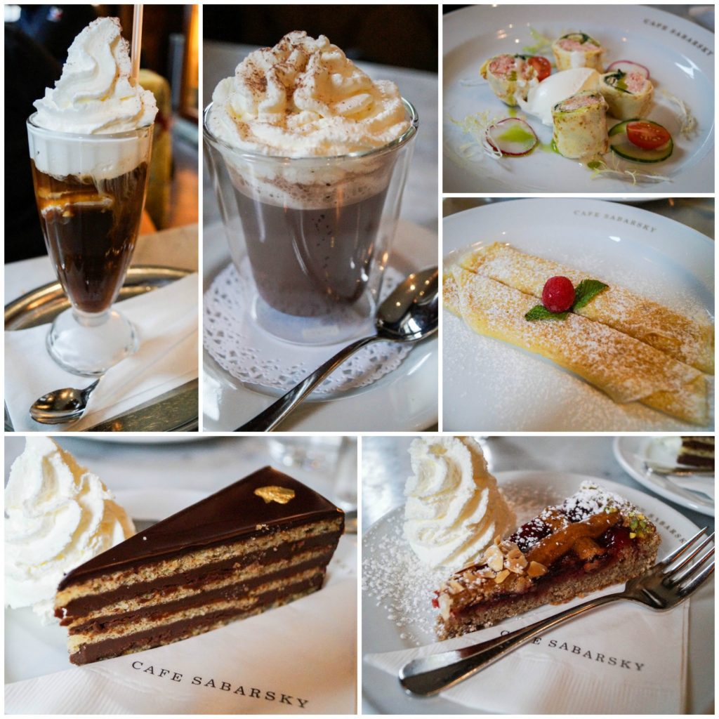 Coffee, hot chocolate, crepes, and cake from Café Sabarsky.