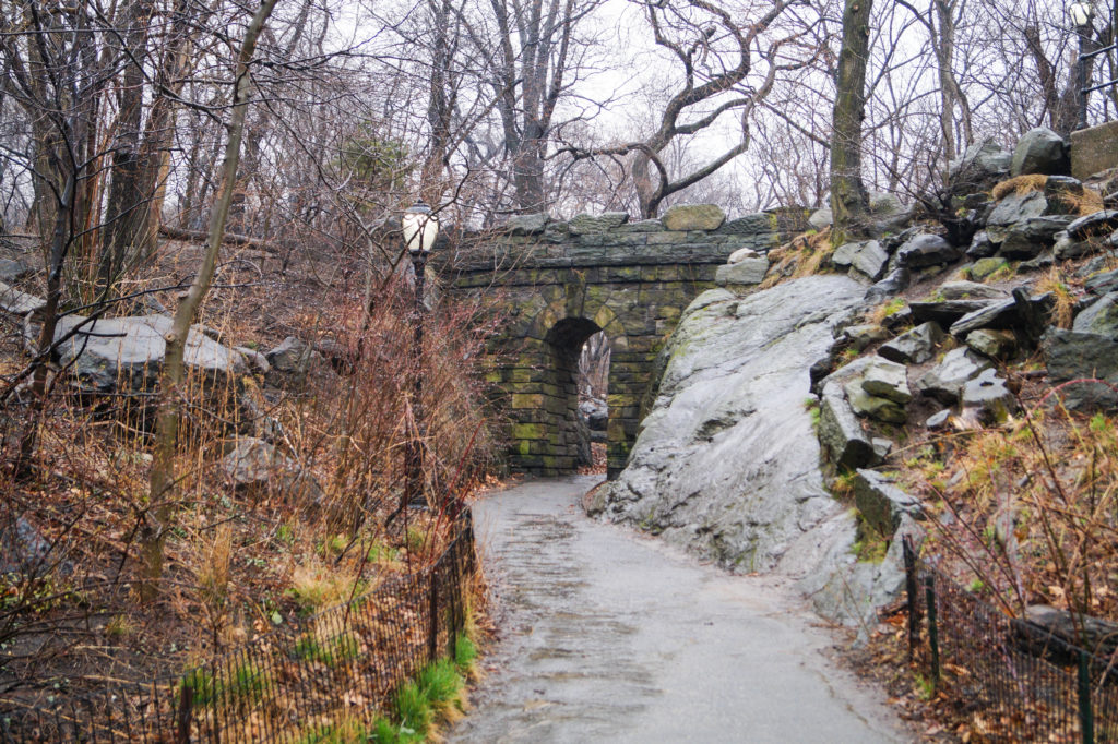Sidewalk with Stone archway in Central Park.