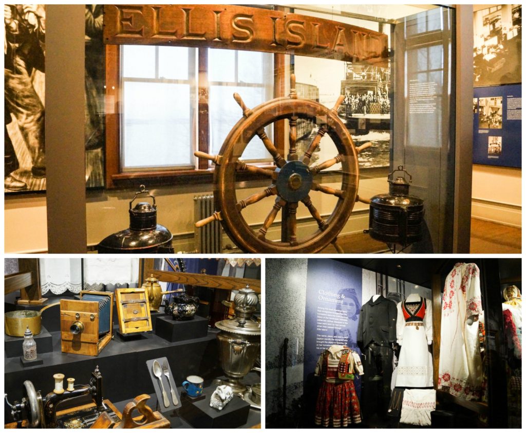 Treasures from Home exhibit at Ellis Island with household goods and clothing on display.
