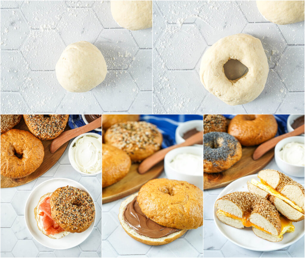 Five photo collage of forming dough into bagels, then serving with cream cheese/lox, Nutella, and egg/cheese.