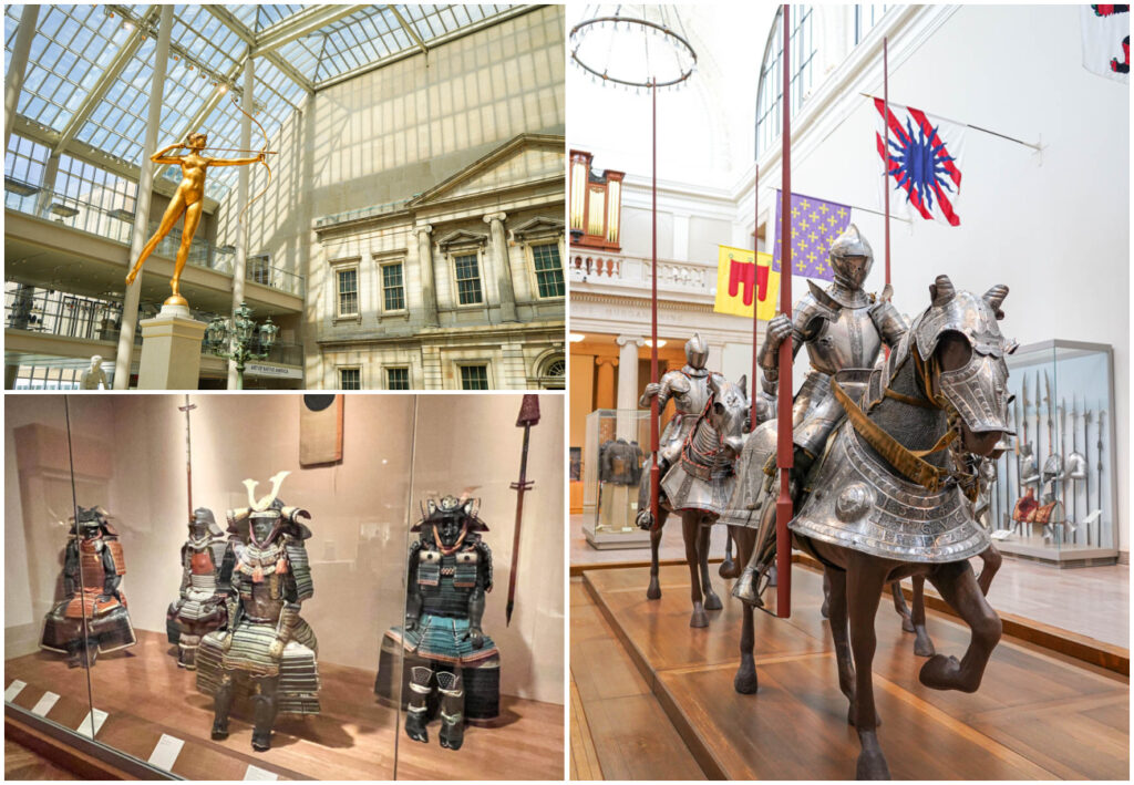 Three photo collage of golden statue with bow and arrow, knight armor on horses, and samurai armor.
