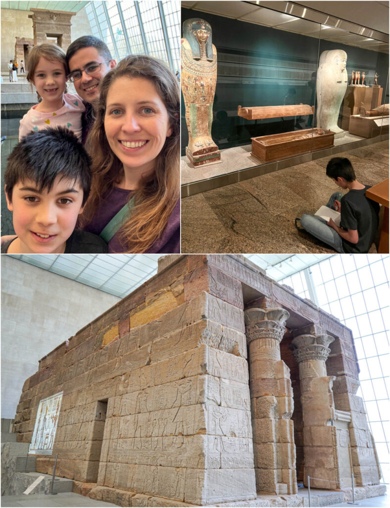 Three photo collage of family in Egypt section, boy drawing, and Temple of Dendur.