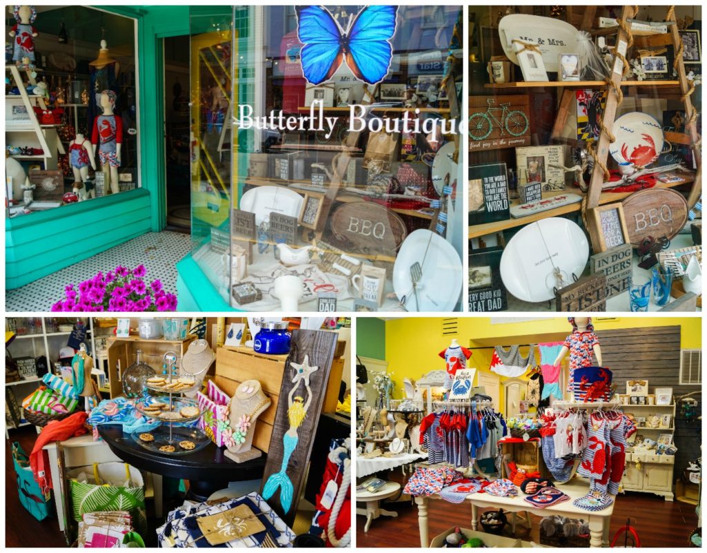 Four photo collage of cookies, home decor, and clothes in the Butterfly Boutique.