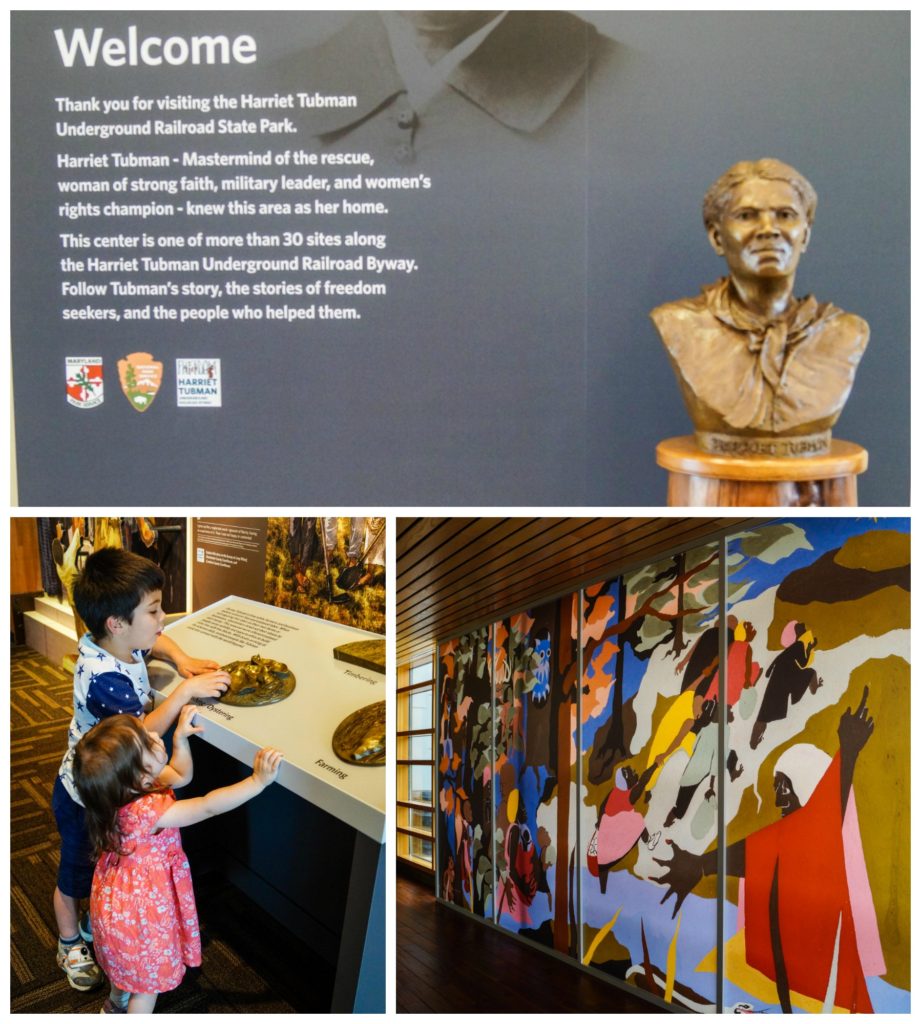 Three photo collage of exhibits, mural, and bust of Harriet Tubman.