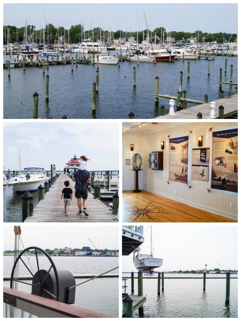 Five photo collage of boats on water, pier, and exhibits inside lighthouse.