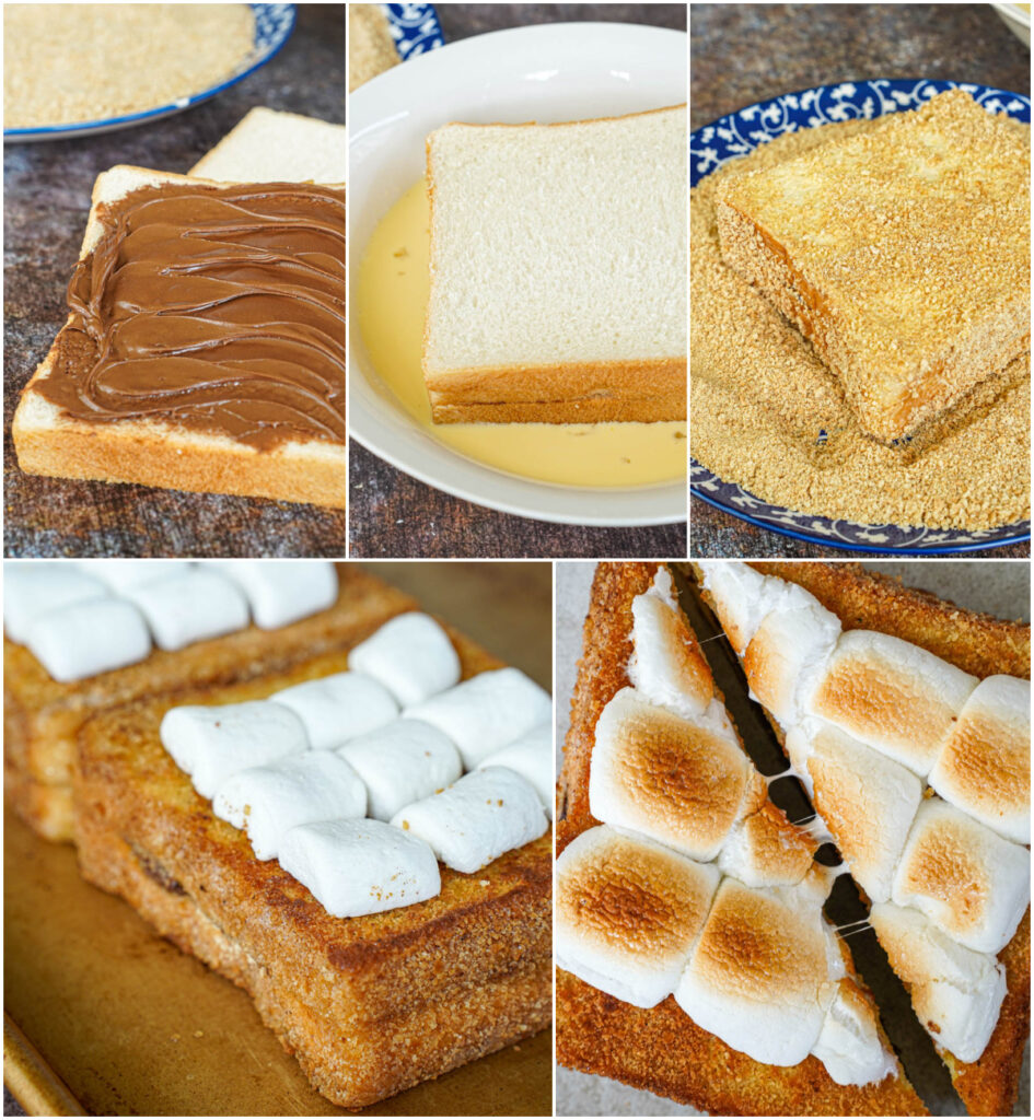 Five photo collage of chocolate hazelnut spread over bread, bread dipped in custard, bread covered in graham cracker crumbs, bread topped with marshmallows, and toasted marshmallows pulled apart.