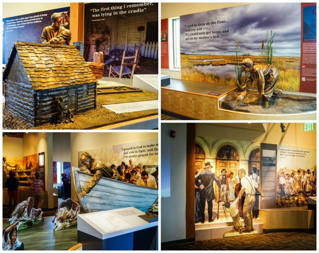 Four photo collage of exhibits inside the Harriet Tubman Underground Railroad Visitor Center.