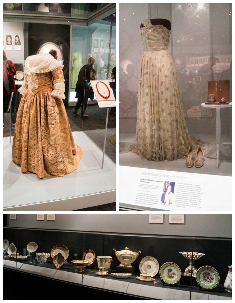 The First Ladies exhibit- gowns from Martha Washington and Michelle Obama, china sets on display.
