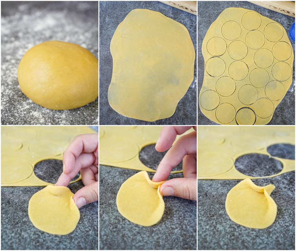Six photo collage of ball of dough, dough rolled into a sheet, circles cut in the dough, and pinching a side of the circle to form an elephant ear shape.