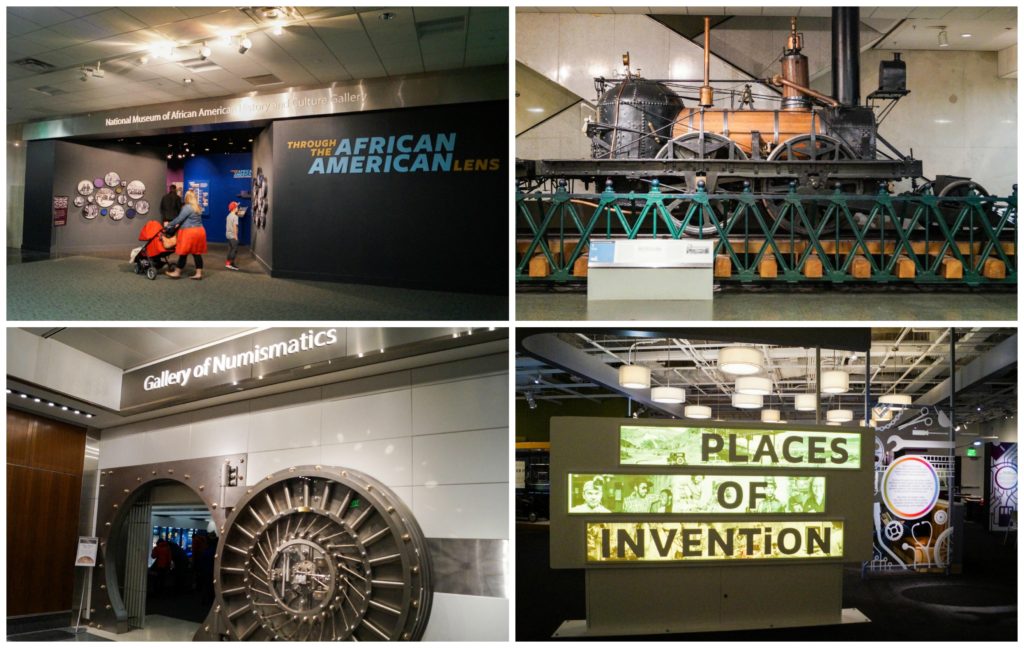 Exhibits inside the Smithsonian National Museum of American History: Through the African American Lens, a large locomotive, Gallery of Numismatics with a vault door entrance, and Places of Invention.