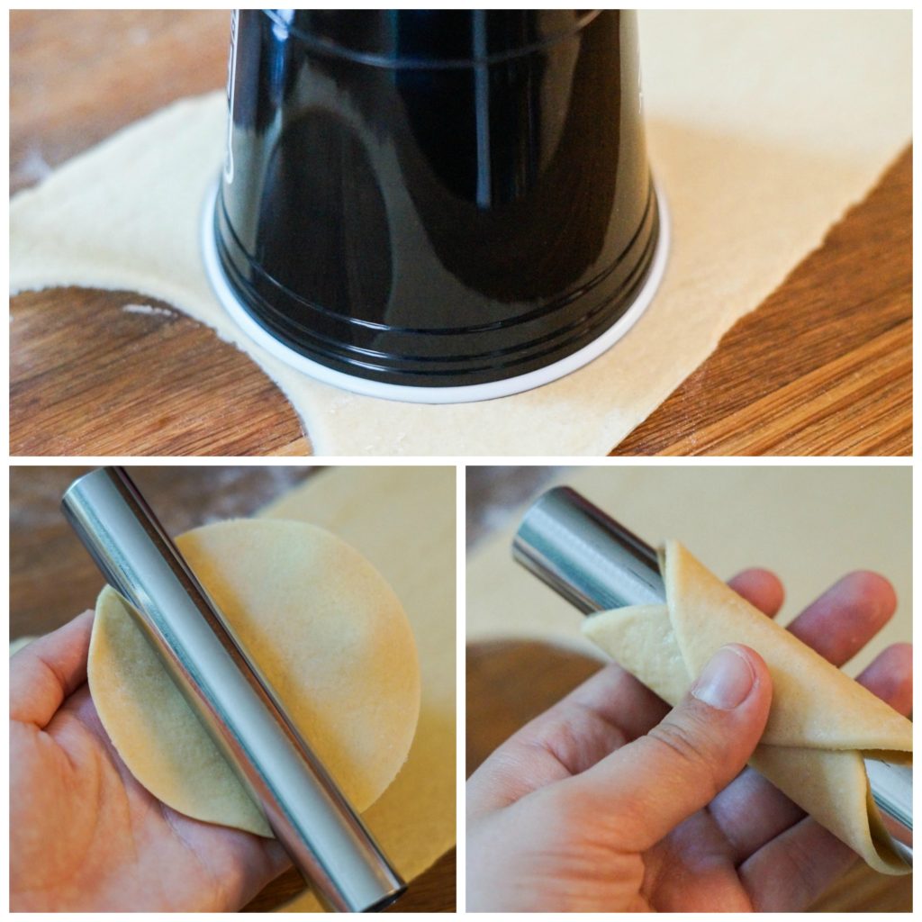 Cutting out the Cannoli dough and wrapping it around a metal form. 