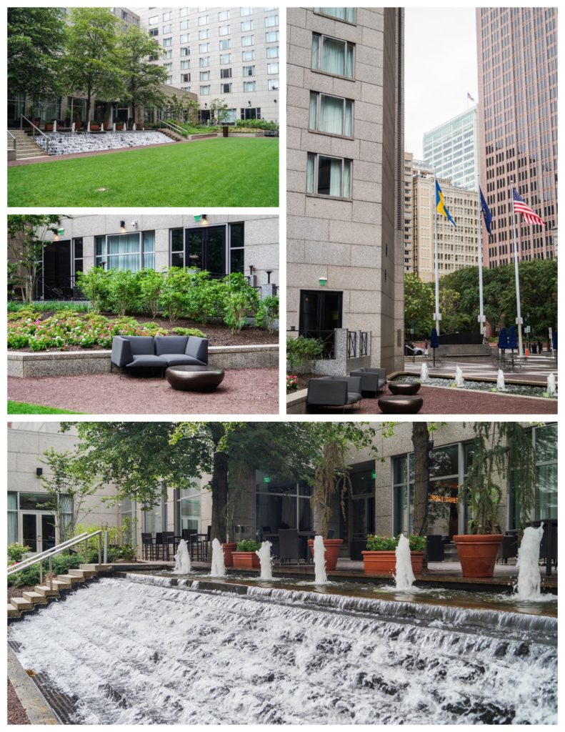 Collage of courtyard with cascading fountain at The Logan Hotel.