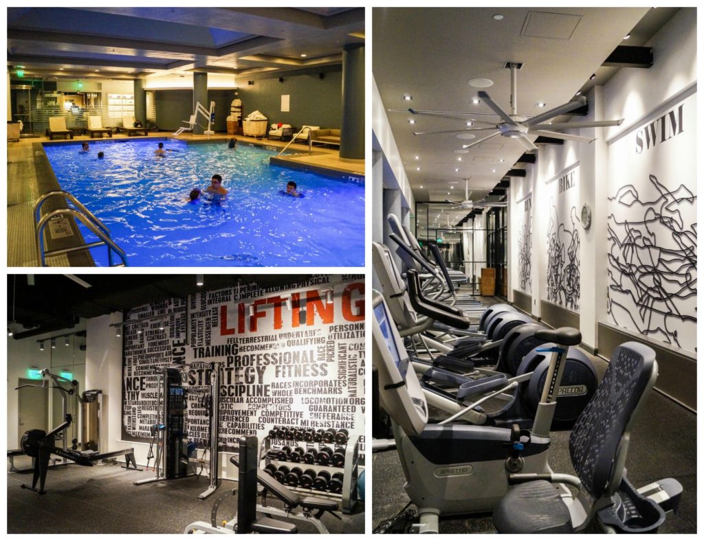 Indoor pool and exercise equipment at The Logan Hotel.
