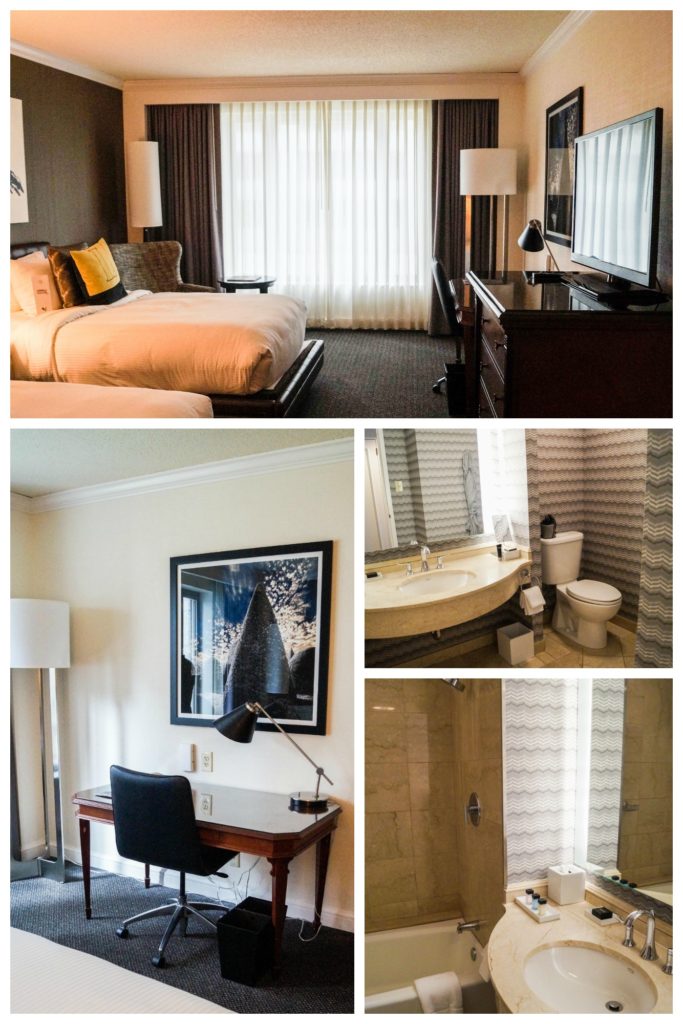 Collage of hotel room with bed, desk, bathroom, and sink. 
