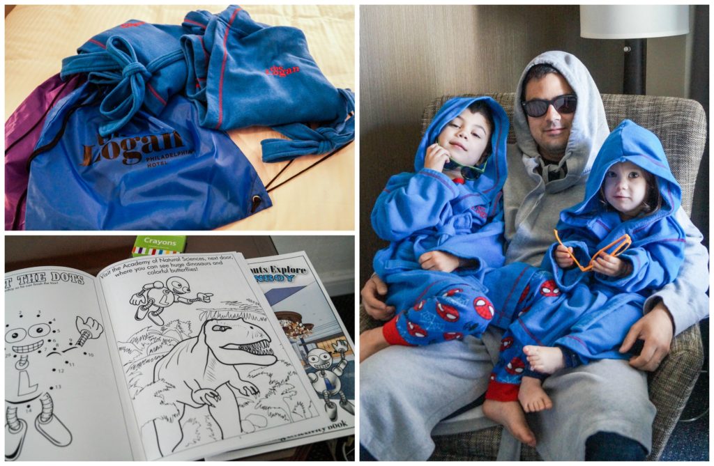 Blue robes and coloring books for kids.