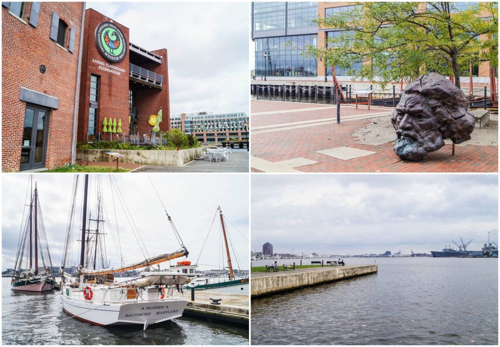 Waterfront and statue of Frederick Douglass in Fells Point- Baltimore, Maryland.