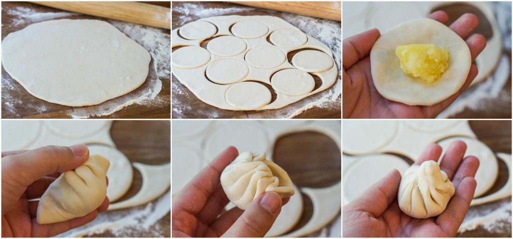 Six photo collage of assembling the Kartopilis Khinkali (Small Potato Khinkali Dumplings) and filling with potato.