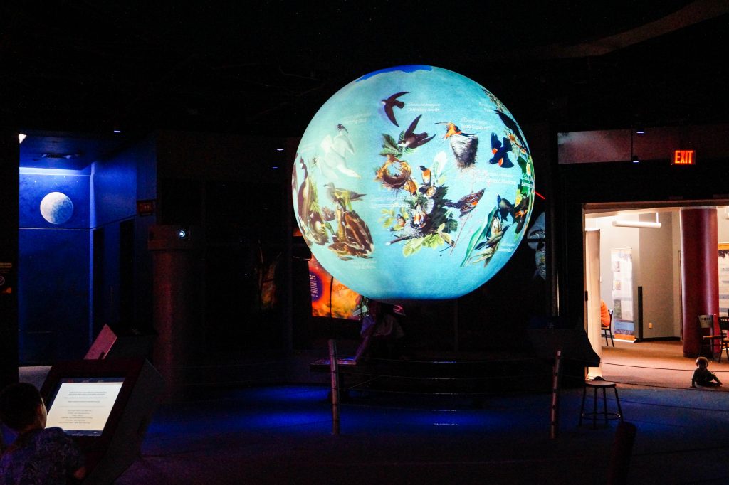 Large illuminated globe with images of birds at the Maryland Science Center.