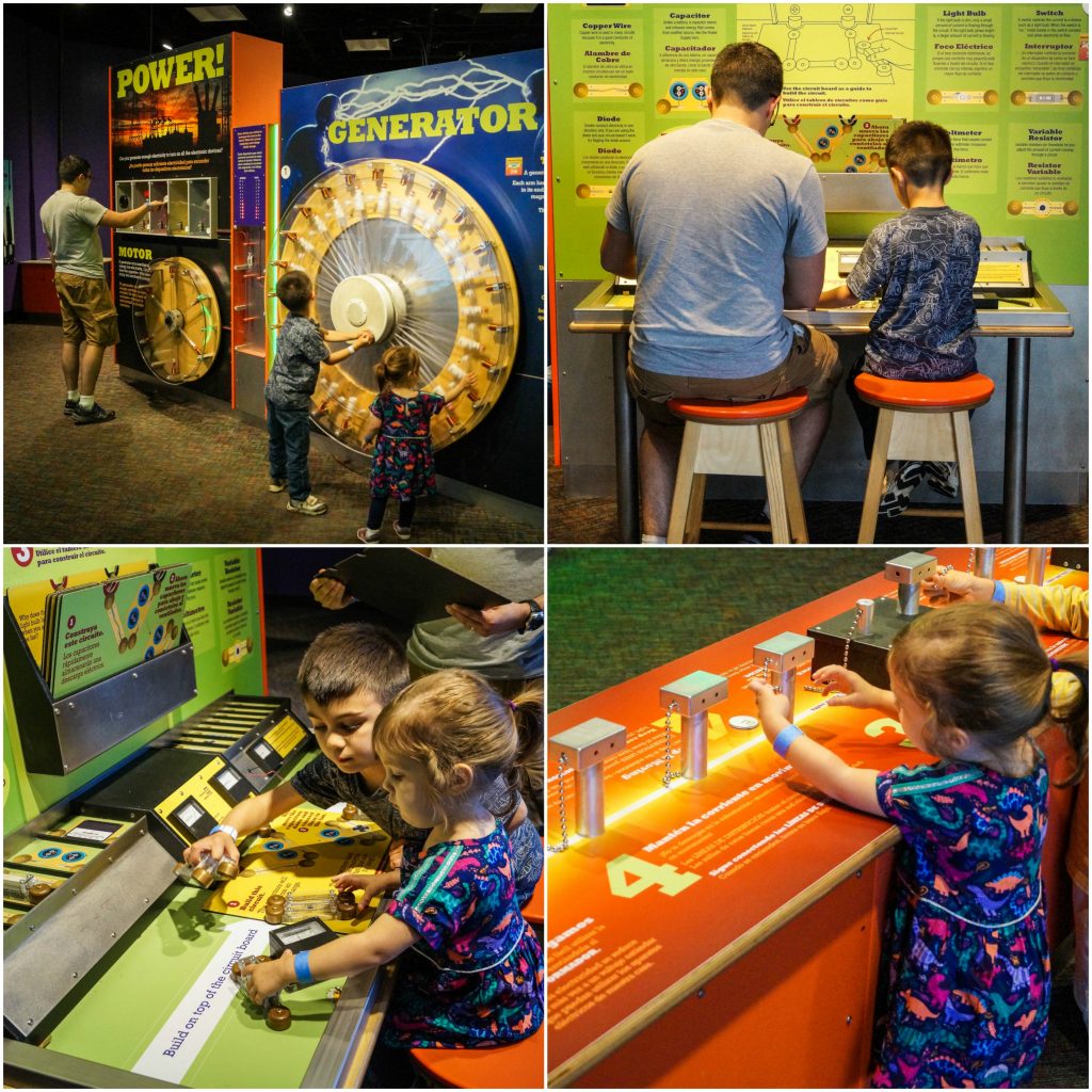 Power Up exhibit with hands on machines and buttons at the Maryland Science Center.