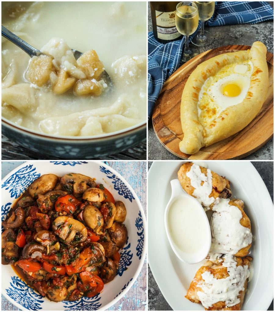 Tutmaji (Noodle and Yogurt Soup), Adjarian Khachapuri, Soko Tsiteli Tsitsaki (Mushrooms and Red Peppers), and Shkmeruki (Grilled Chicken with Garlic Sauce).