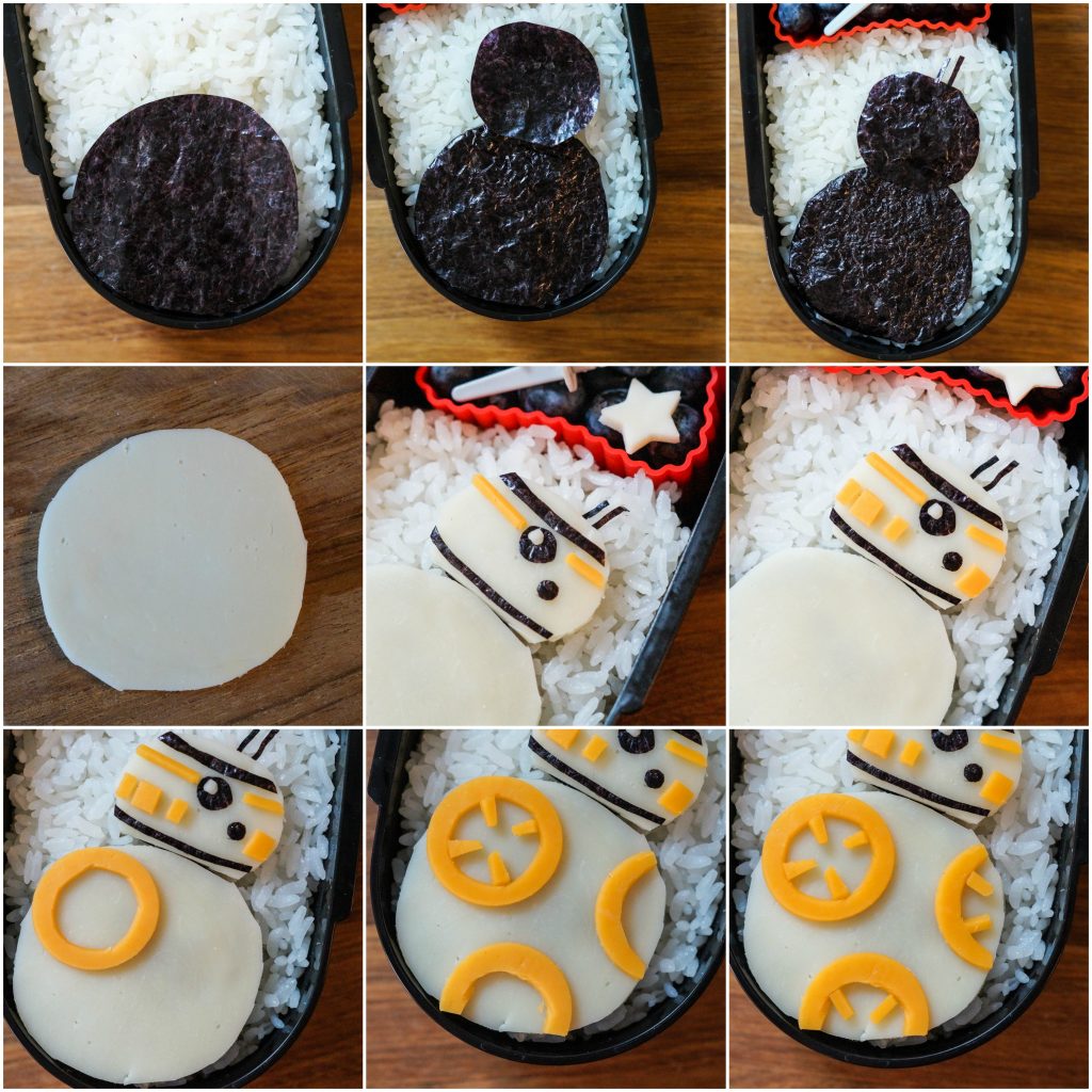 Nine photo collage forming cheese and nori strips into a BB-8 for Star Wars Bento.