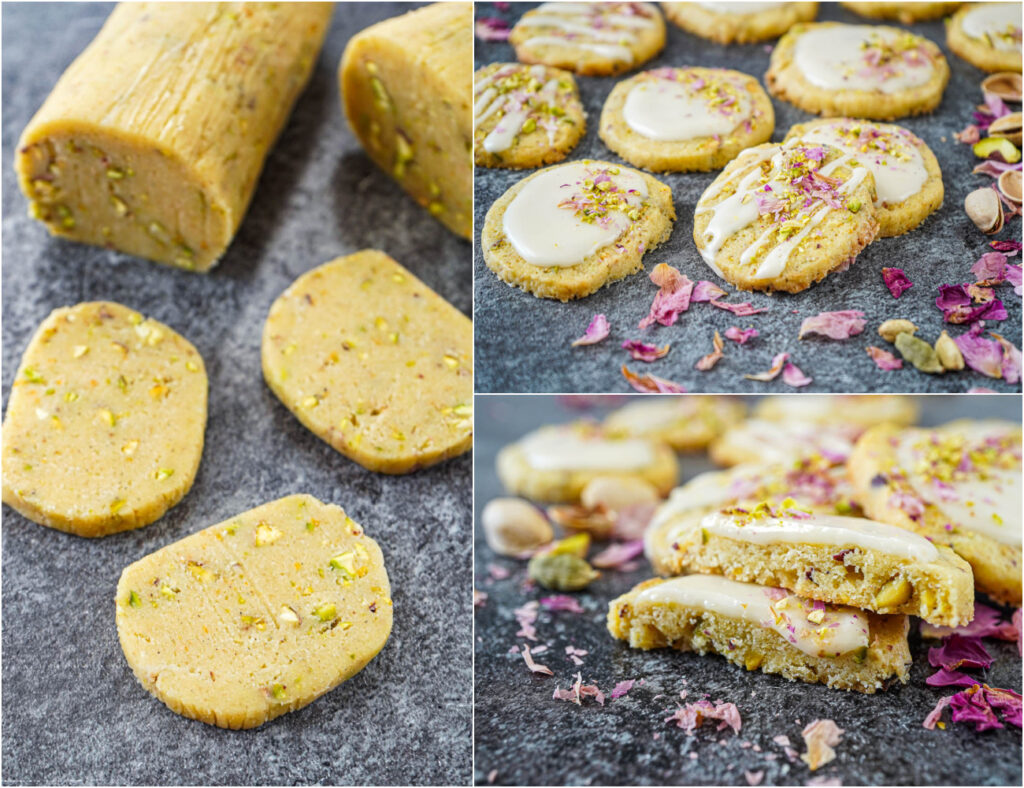 Three photo collage of sliced Orange Cardamom Cookie dough, Orange Cardamom Cookies next to rose petals, and one cut in half to show crumbly center.