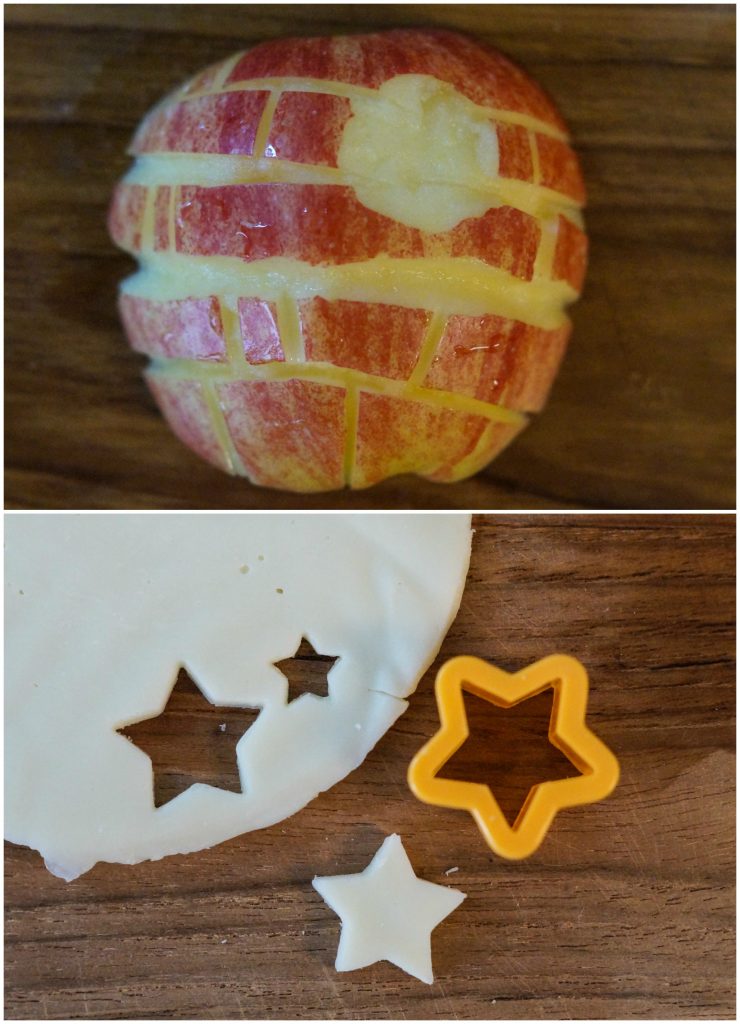 Cutting an apple into the shape of a Death Star and cutting out star-shaped cheese.