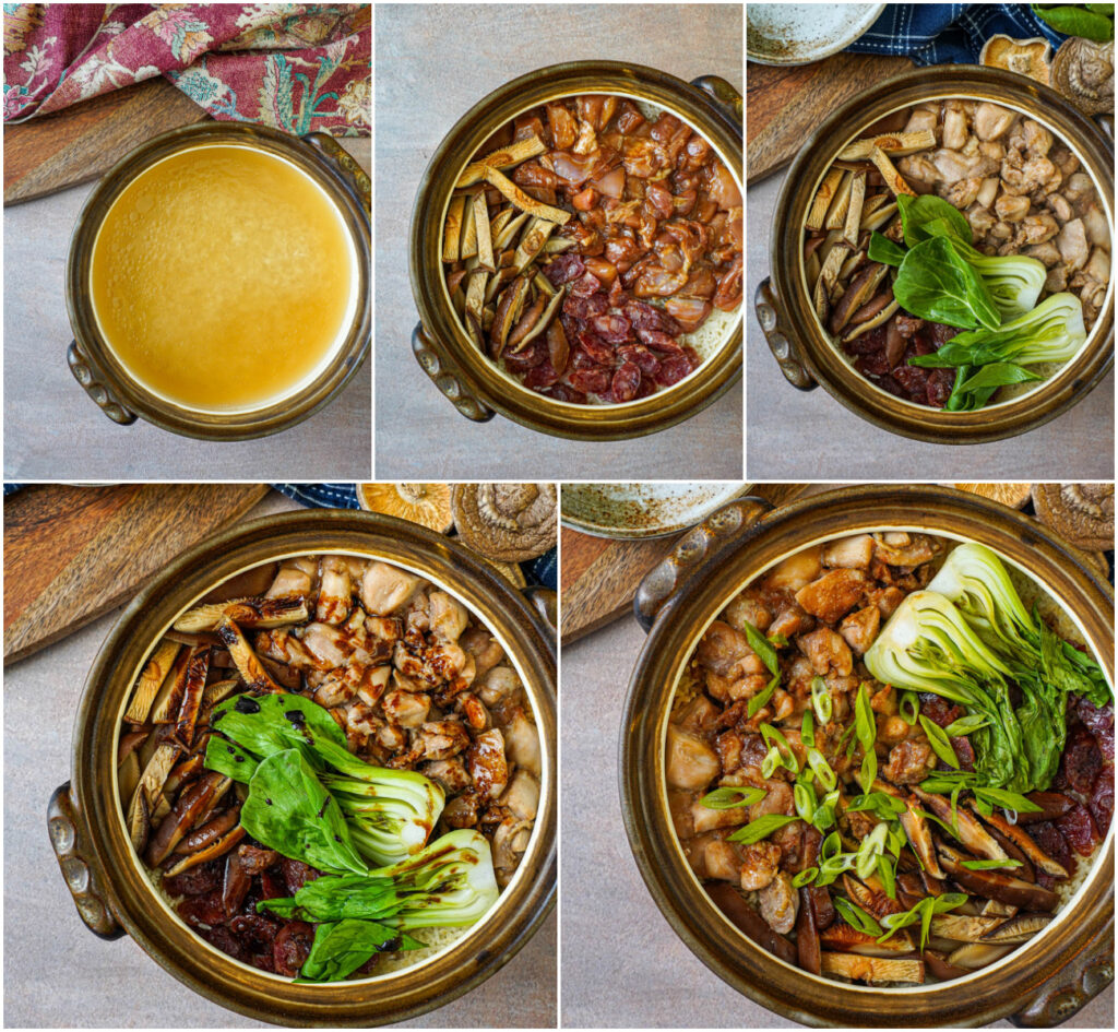 Five photo collage of chicken stock and rice in a clay pot, covered with marinated chicken, sliced sausages, and mushrooms, topped with bok choy halves, drizzled with sauce, and finished with a sprinkling of green onion slices.