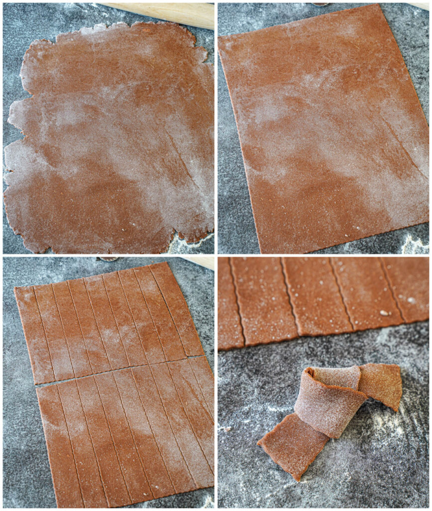 Four photo collage of dough rolled into a sheet, the sheet cut into ribbons, and a ribbon tied into a knot.