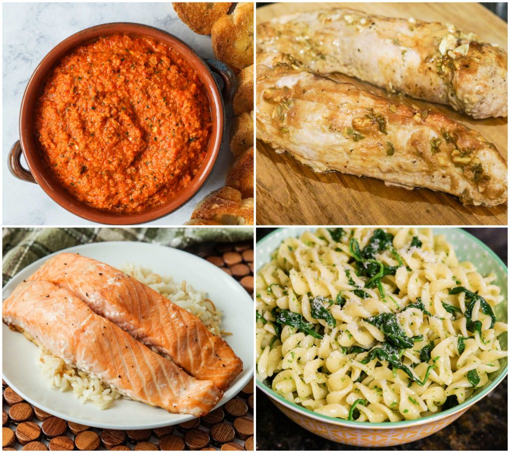Other dishes from The NYC Kitchen Cookbook: Roasted Red Pepper Spread, Garlic-Thyme Roasted Pork Tenderloin, Honey-Maple Salmon, and Fusilli with Spinach and Garlic-Parsley Butter.