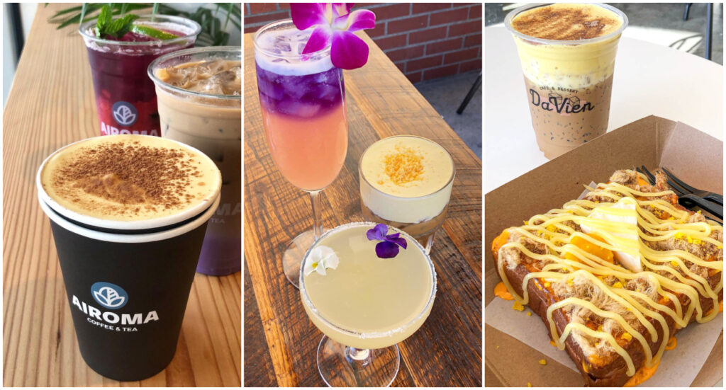 Three photo collage of egg coffee, other drinks, and toast from Airoma, Nep Cafe, and DaVien.