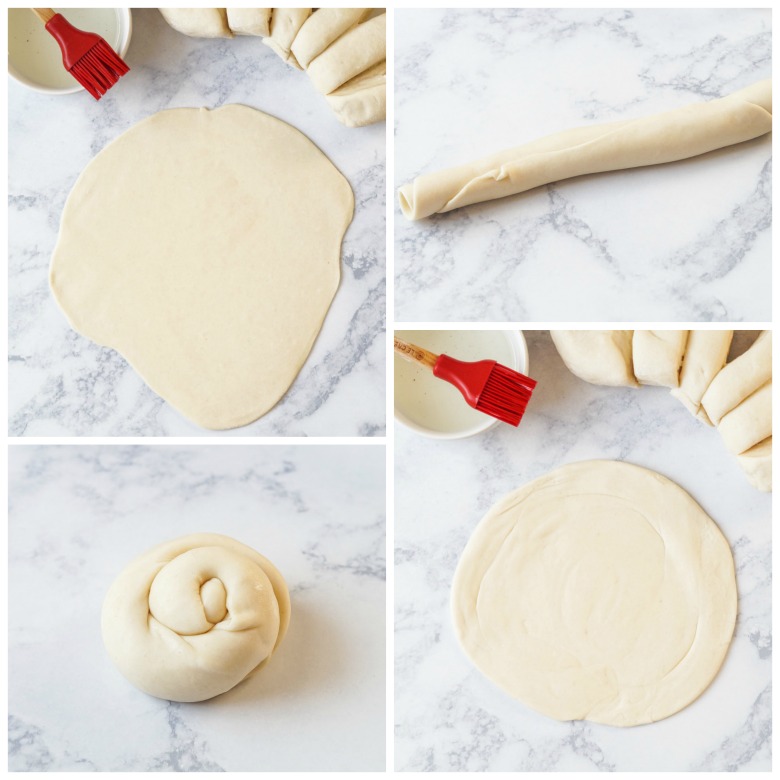 Four photo collage of rolling dough flat and coiling to make Chapati Za Ngozi (Kenyan Soft-Layered Flatbread).