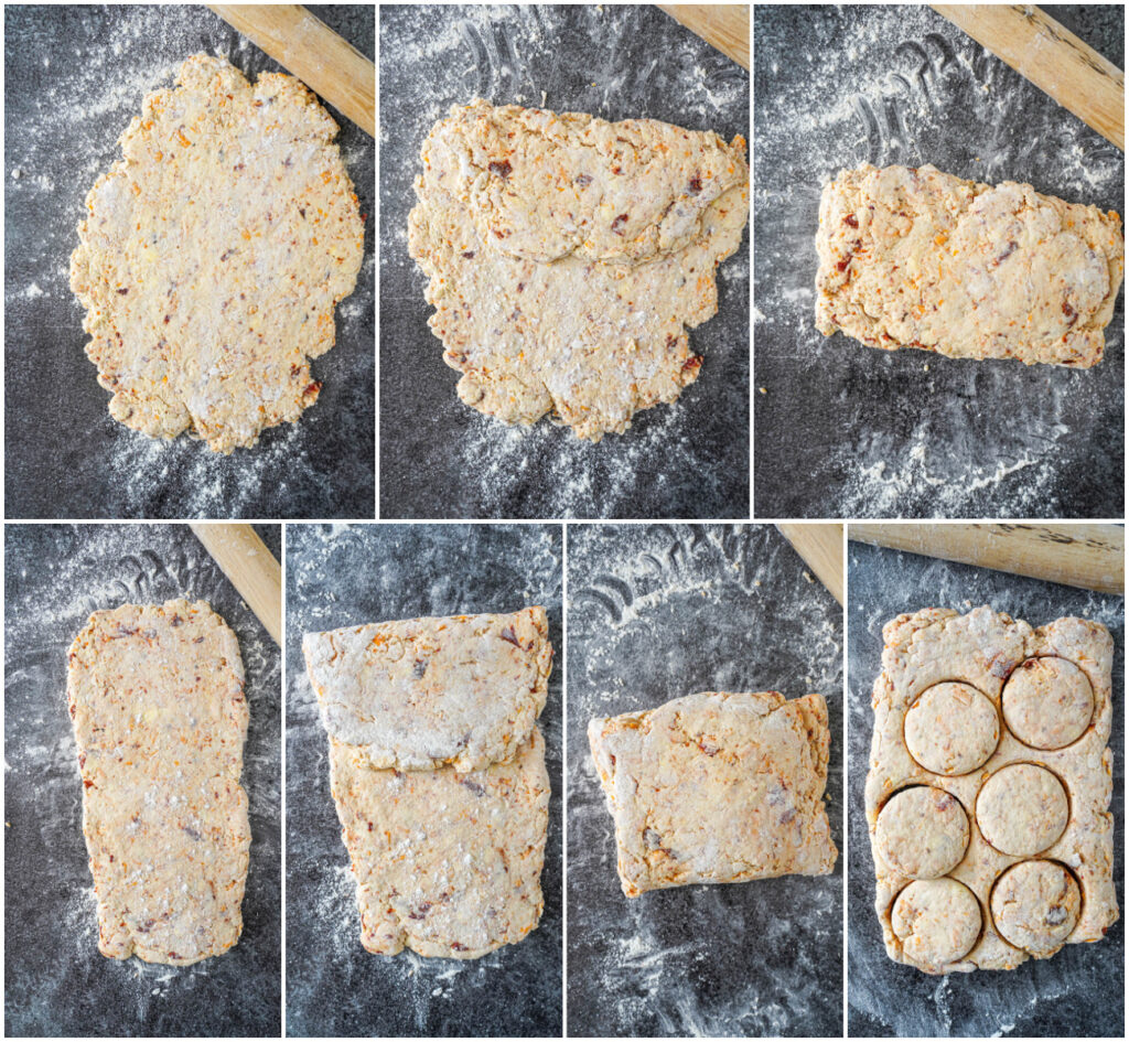 Seven photo collage of rolling dough into a sheet, folding into thirds, rolling again, and six rounds cut out of the dough.