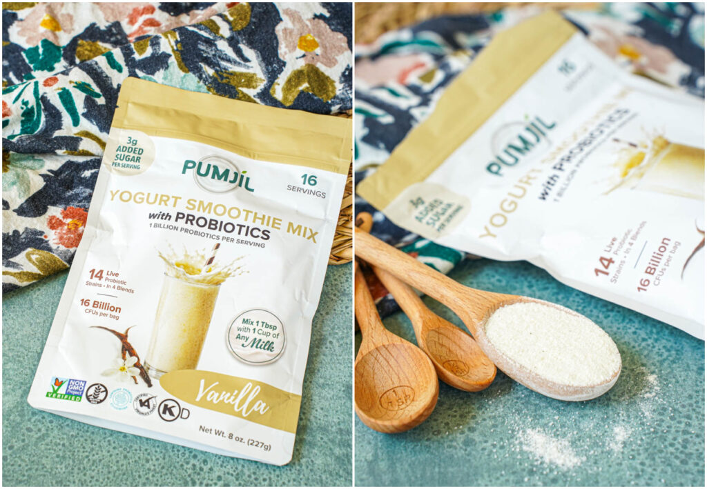 Two photo collage of a Pumjil Yogurt Smoothie Mix package and the smoothie mix powder in a wooden tablespoon.