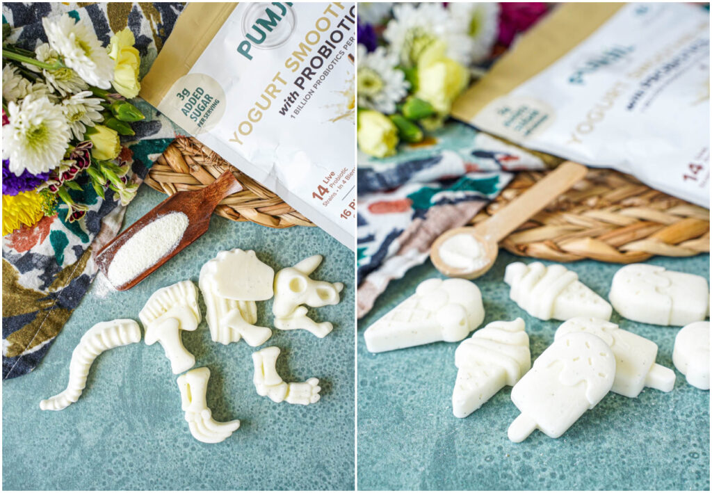 Two photo collage of triceratops fossil shaped yogurt drops and ice cream shaped yogurt drops next to Pumjil package.