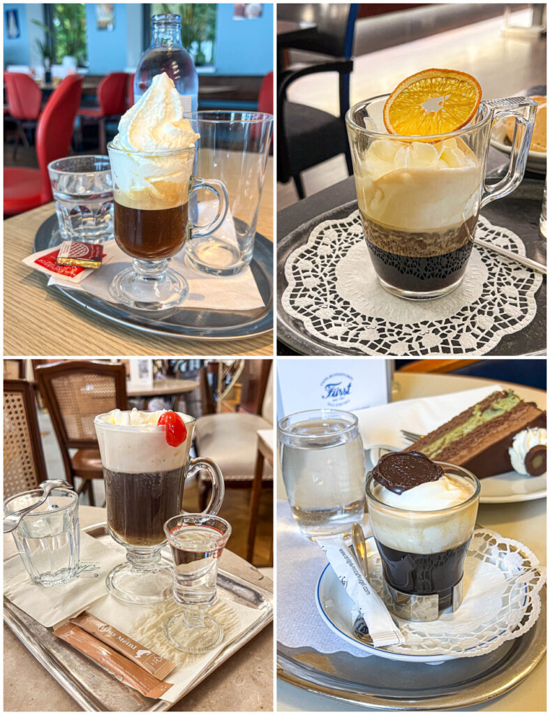 Four photo collage of Einspänner with whipped cream, topped with orange slice, topped with cherry, and topped with chocolate.