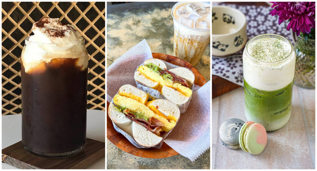 Three photo collage of Korean Einspänner with whipped cream, next to a bagel sandwich, and a Matcha Einspänner next to two macarons.