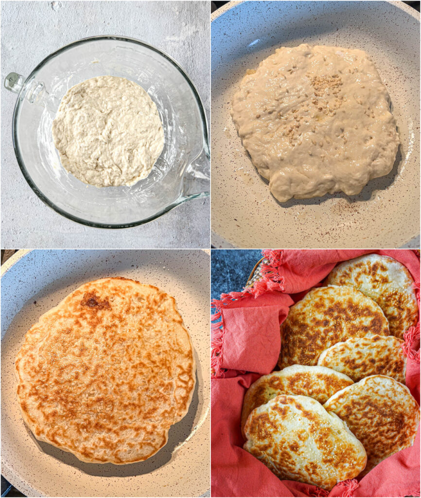 Four photo collage of batter in a bowl, dollop of batter in a pan with sesame seeds over the top, golden brown batter in the pan, and Mkatra Foutra (Sesame Coconut Flatbreads) in a basket with a coral towel.